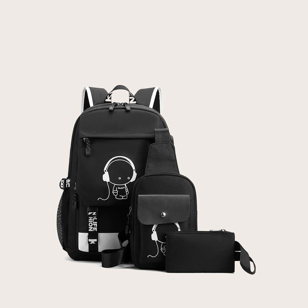 

3pcs Guys Cartoon Graphic Bag Set, Black