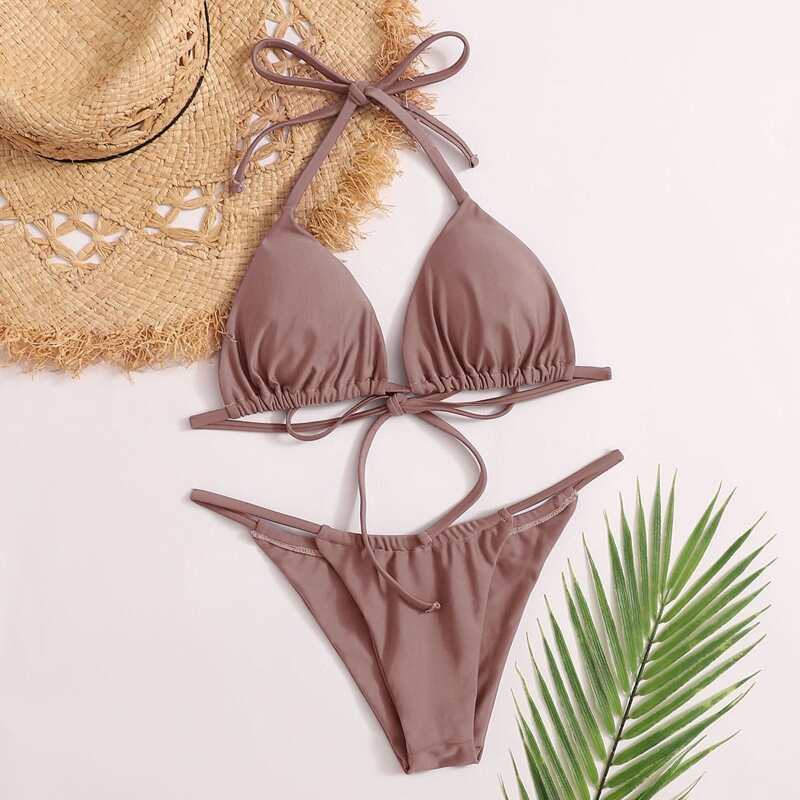 

Halter Triangle Thong Bikini Swimsuit, Redwood