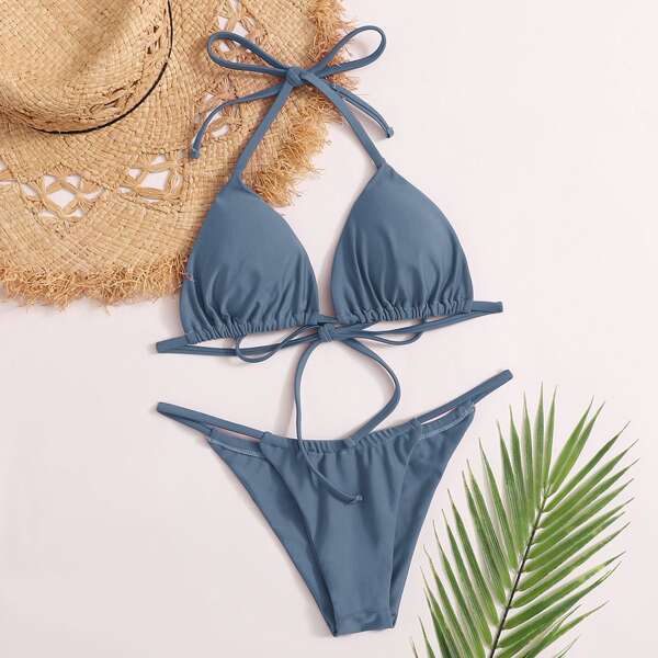

Halter Triangle Thong Bikini Swimsuit, Dusty blue