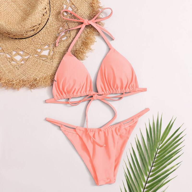 

Halter Triangle Thong Bikini Swimsuit, Coral pink