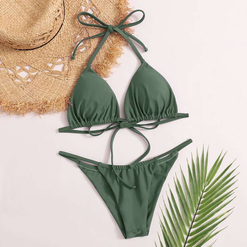 

Halter Triangle Thong Bikini Swimsuit, Army green