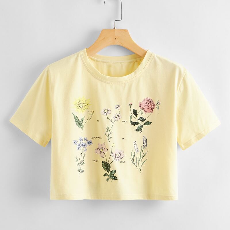 

Flower Print Crop Tee, Yellow pastel