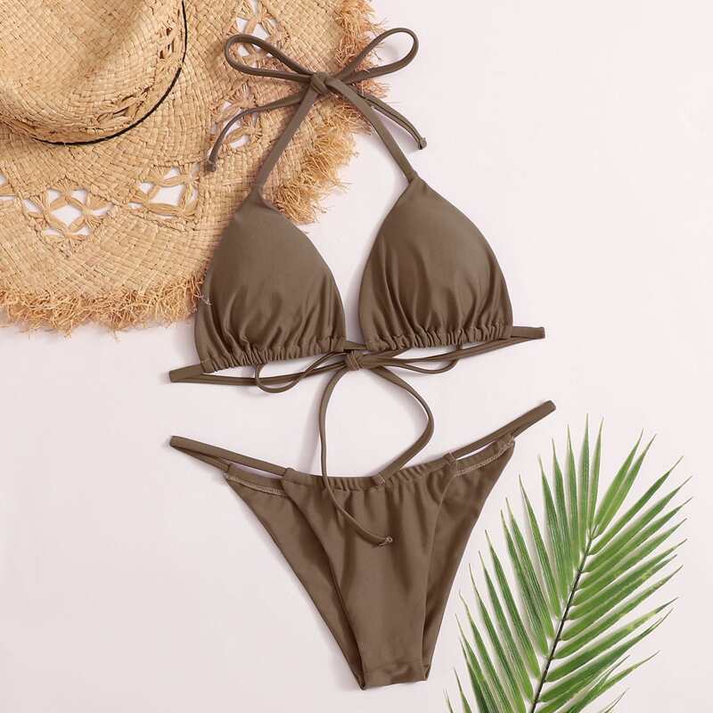 

Halter Triangle Thong Bikini Swimsuit, Mocha brown