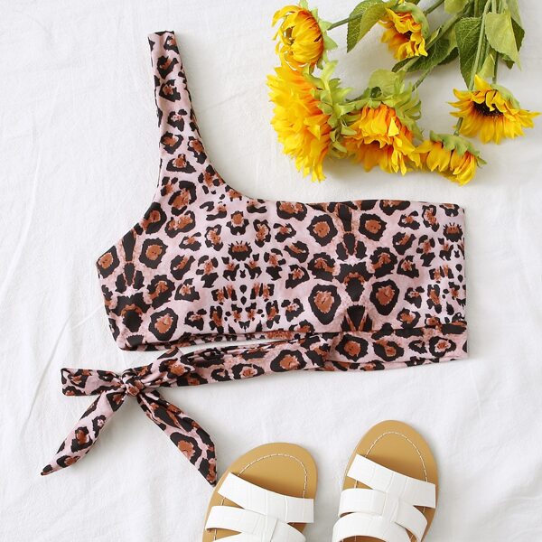 

Leopard Tie Side One Shoulder Bikini Top, Multicolor