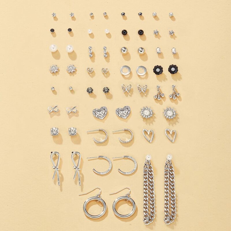 

30pairs Heart & Floral Shaped Earrings, Silver