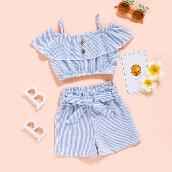 

Baby Girl Pin Striped Cold Shoulder Top & Shorts, Baby blue