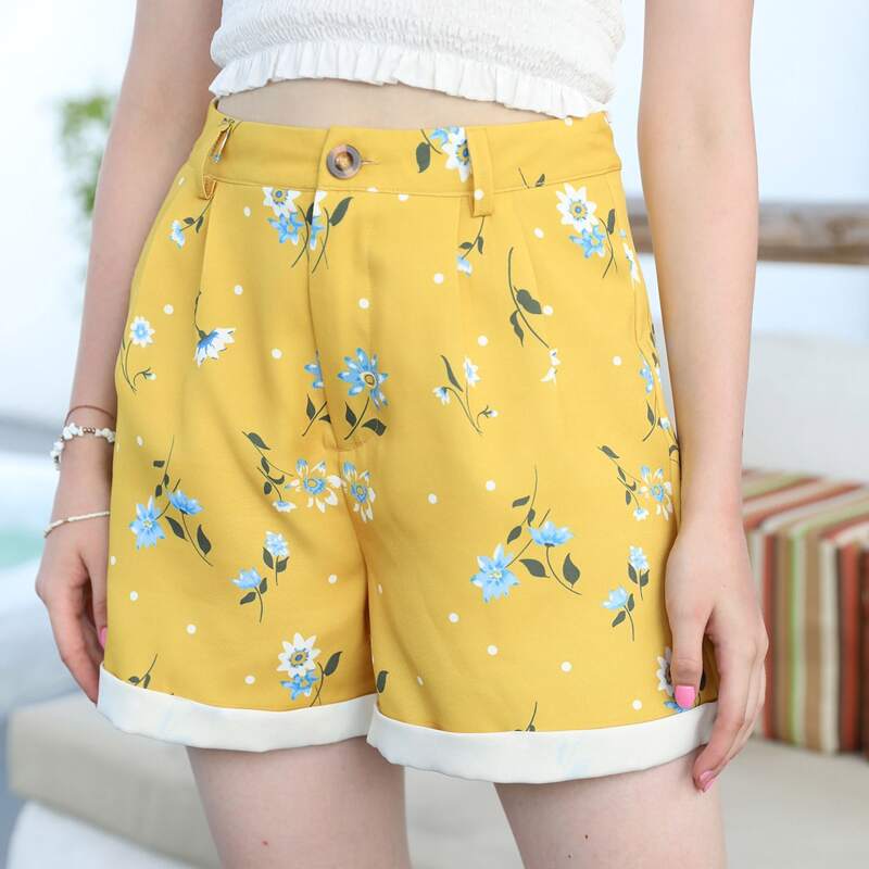 

Floral High Waist Shorts, Yellow
