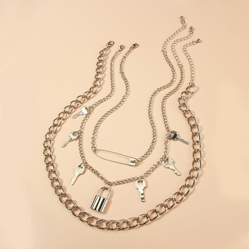 

3pcs Guys Key & Lock Charm Necklace, Silver