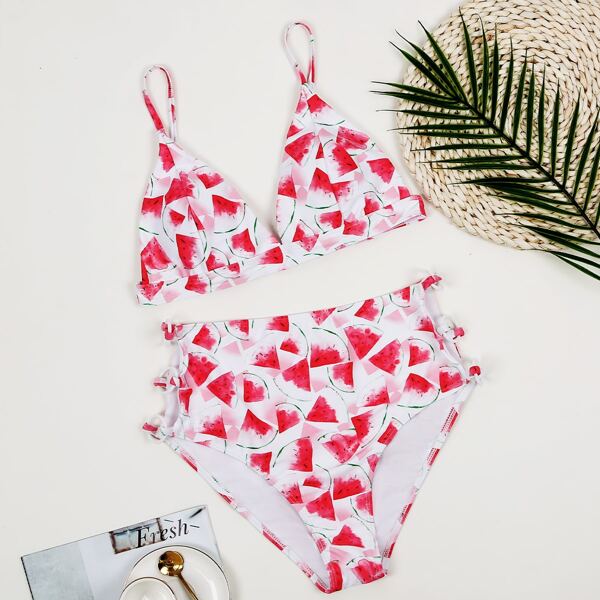 

Watermelon Print High Waisted Bikini Swimsuit, Multicolor