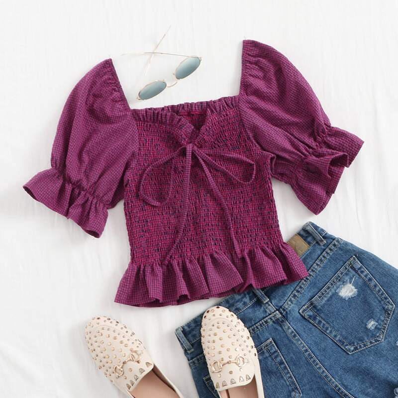 

Gingham Tie Front Milkmaid Top, Red violet