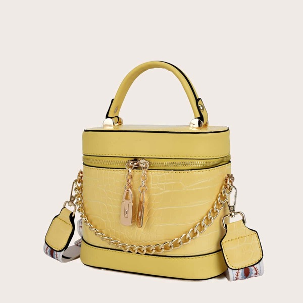 

Double Zip Decor Bucket Bag With Chain Handle, Yellow