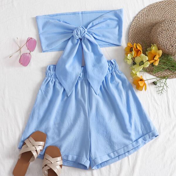 

Tie Front Tube Top & Paperbag Waist Shorts Set, Baby blue