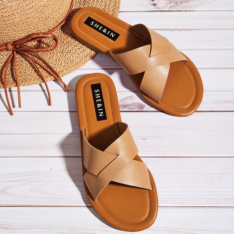

Cross Strap Slide Sandals, Brown