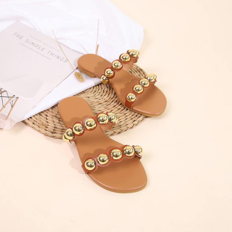 

Metal Decor Double Band Slide Sandals, Brown