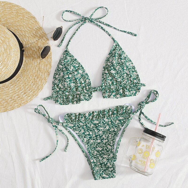 

Ditsy Floral Triangle Tie Side Bikini Swimsuit, Green