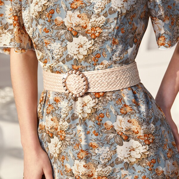 

Faux Pearl Round Buckle Woven Belt, White