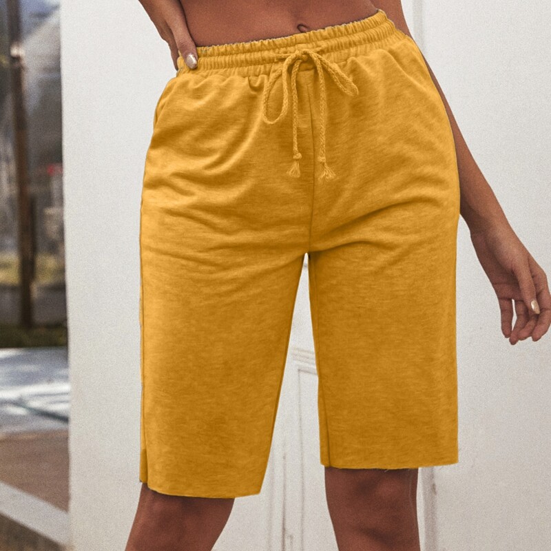 

Solid Drawstring Waist Bermuda Shorts, Mustard yellow