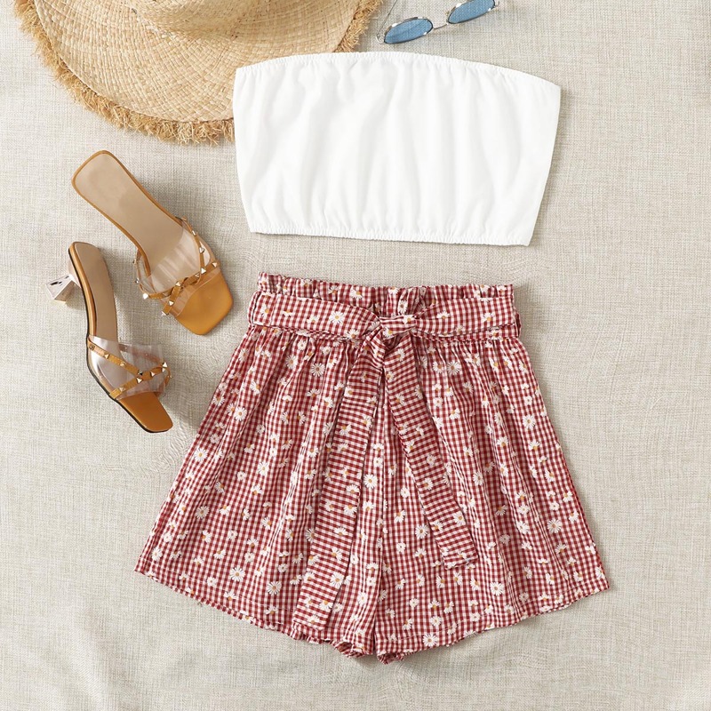 

Tube Top & Daisy Print Plaid Belted Shorts, Multicolor