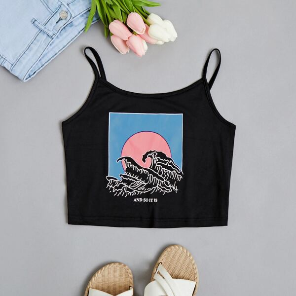 

Wave & Slogan Graphic Cami, Black