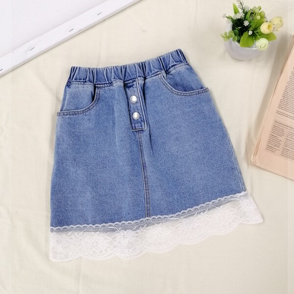 

Girls Contrast Lace Scallop Denim Skirt, Medium wash