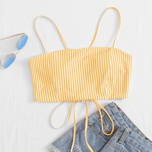 

Striped Lace-up Back Bikini Top, Yellow bright