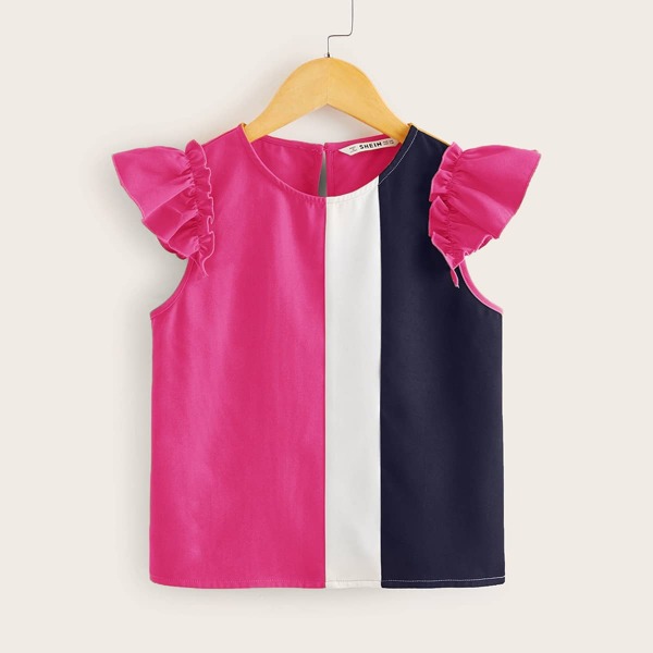 

Girls Ruffle Trim Colorblock Top, Hot pink neon