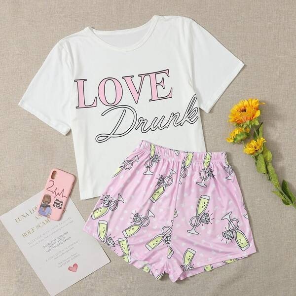 

Letter Graphic Tee & Diamond Print Shorts PJ Set, Multicolor