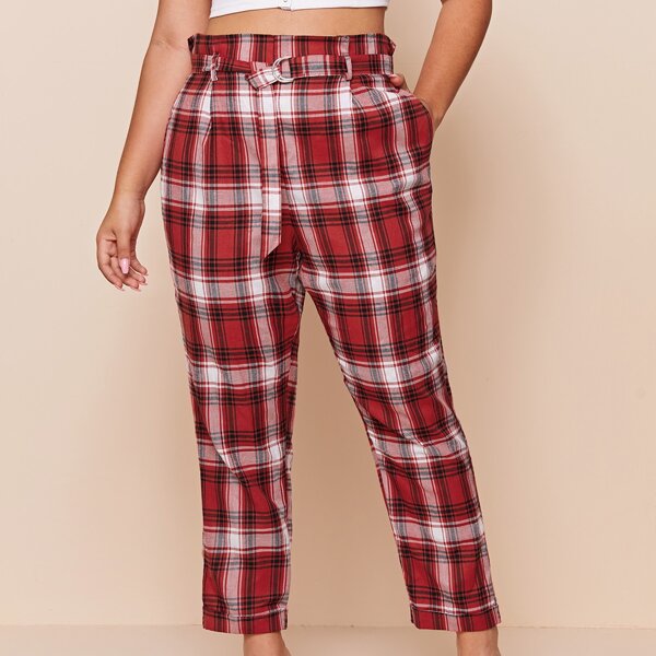 

Plus Tartan Pants With Belt, Red