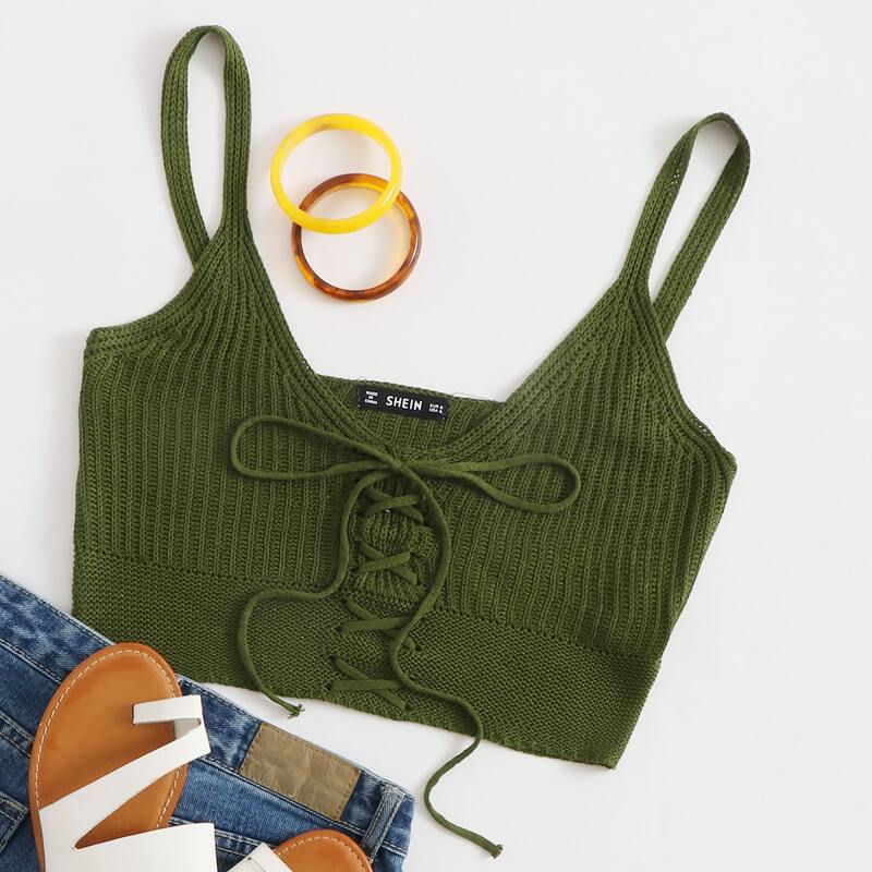 

Lace Up Knot Rib-knit Crop Top, Army green