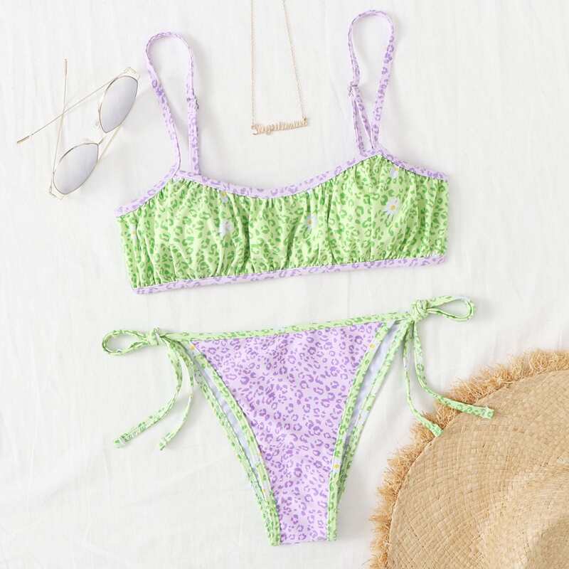 

Leopard Tie Side Bikini Swimsuit, Multicolor