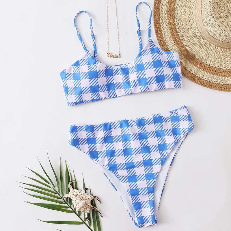 

Gingham High Waist Bikini Swimsuit, Blue and white