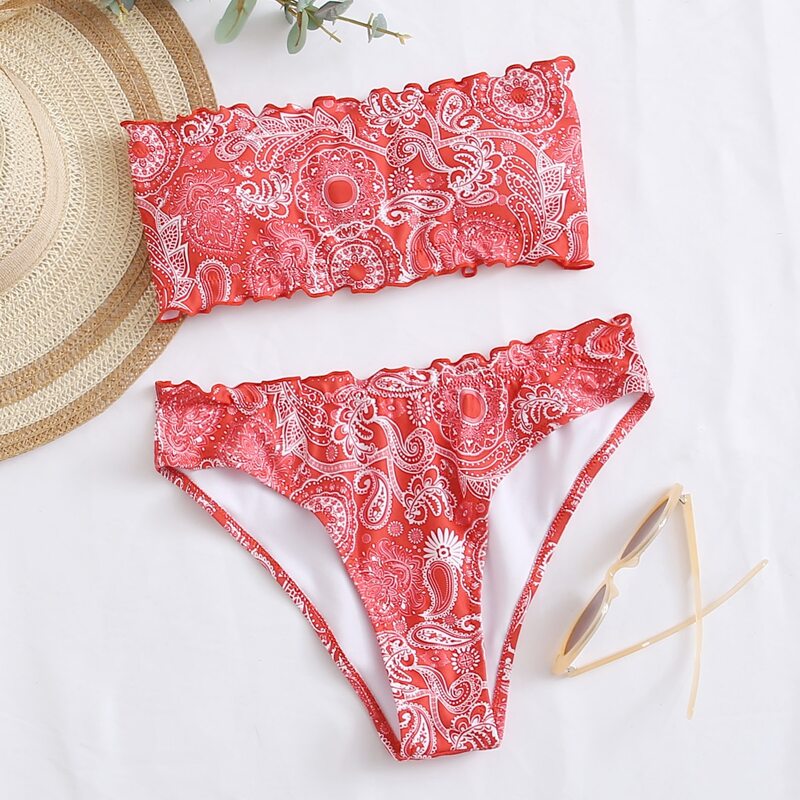 

Paisley Lettuce Trim Bandeau Bikini Swimsuit, Red