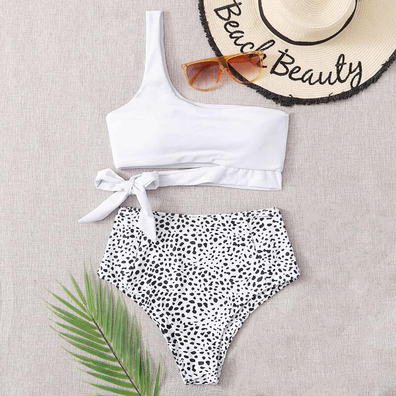 

Dalmatian Knot Waist One Shoulder Bikini Swimsuit, Black and white