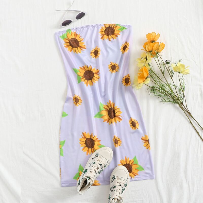 

Sunflower Print Tube Dress, Lilac purple