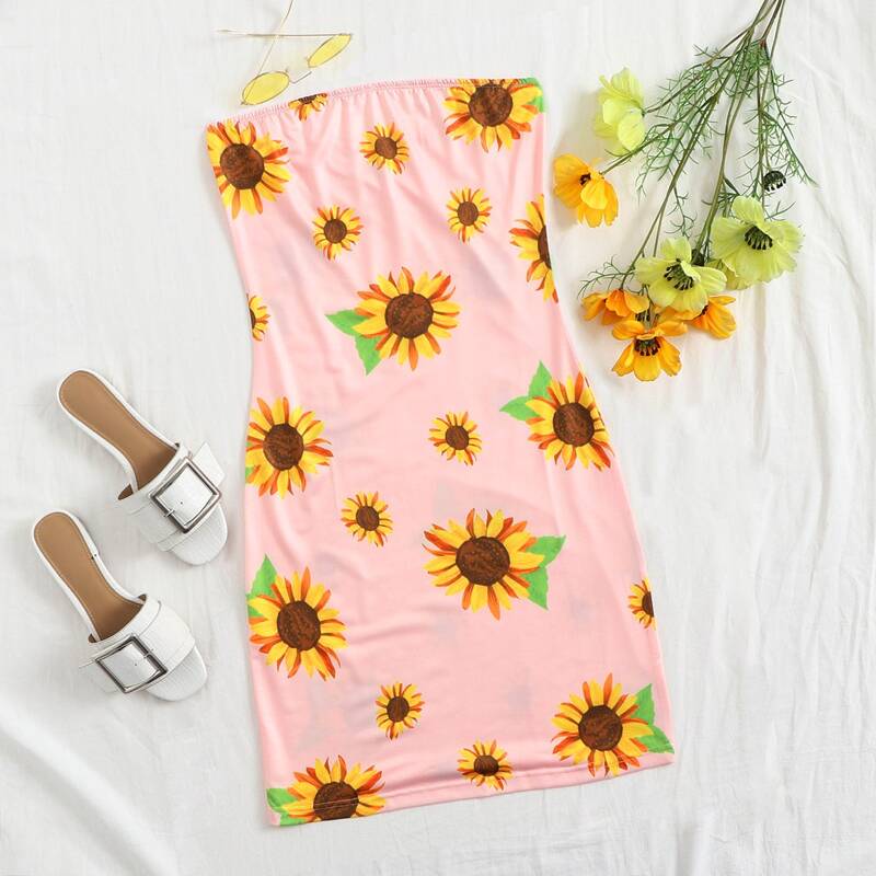 

Sunflower Print Tube Dress, Multicolor