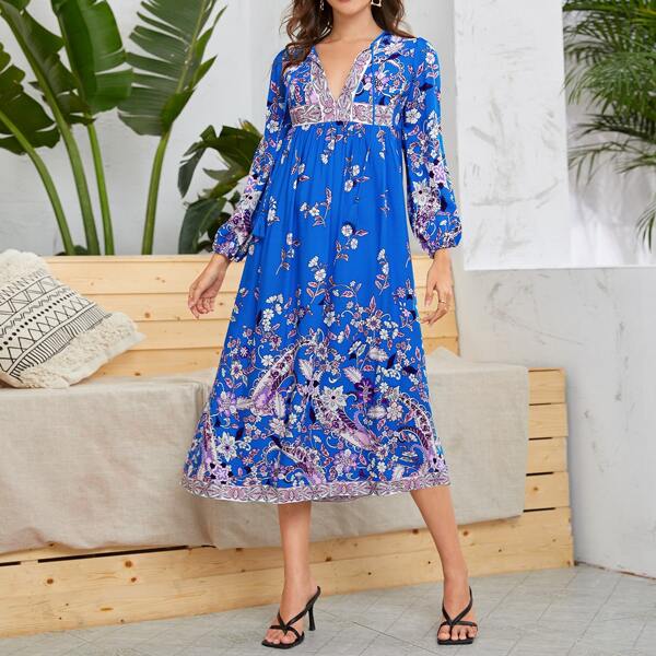 

Floral And Tribal Print Tie Neck Smock Dress, Blue