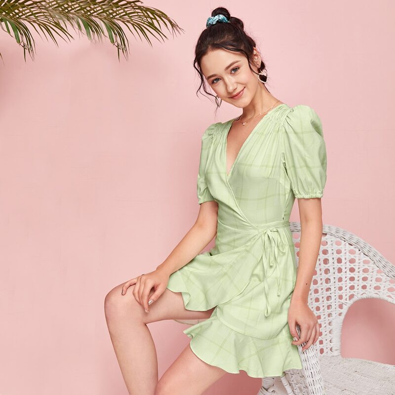 

Plaid Ruffle Wrap Dress, Mint green