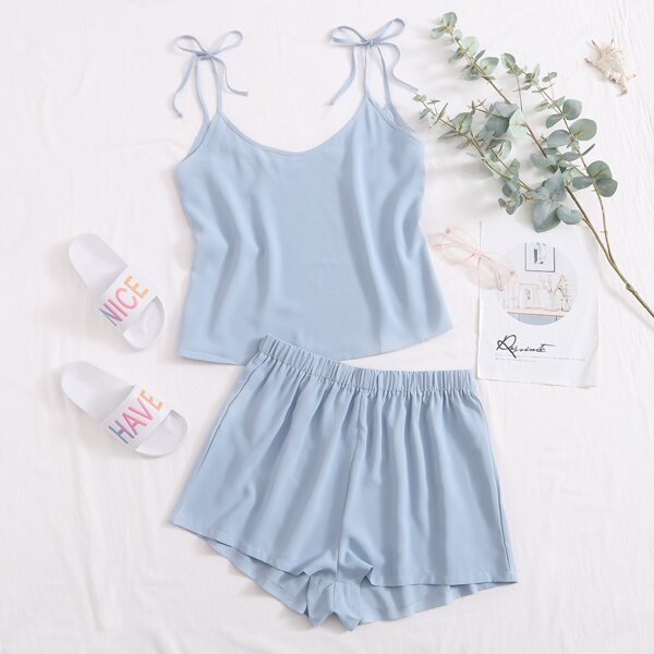 

Plus Tie Shoulder Solid Pajama Set, Baby blue