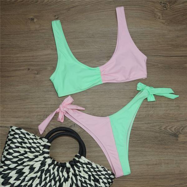 

Two Tone Ruched Tie Side Bikini Swimsuit, Multicolor
