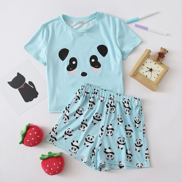 

Girls Panda Cartoon Graphic Tee & Shorts PJ Set, Pastel baby blue