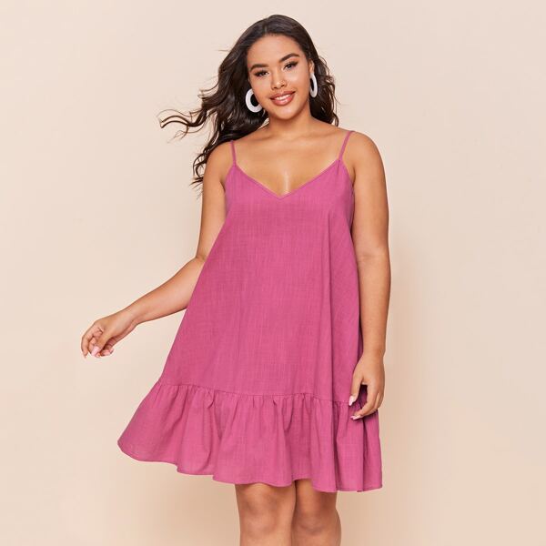 

Plus Double V-Neck Ruffle Hem Slip Dress, Pink