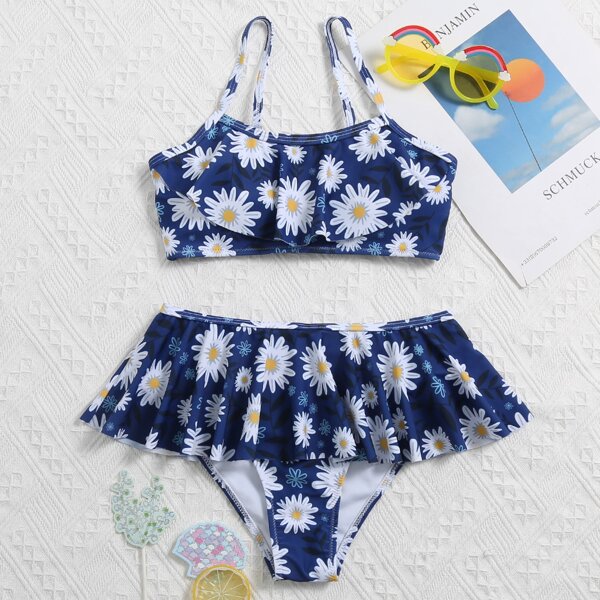 

Girls Daisy Floral Ruffle Skirt Bikini Swimsuit, Navy blue