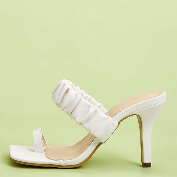 

Toe Loop Ruched Heeled Sandal Mules, Apricot