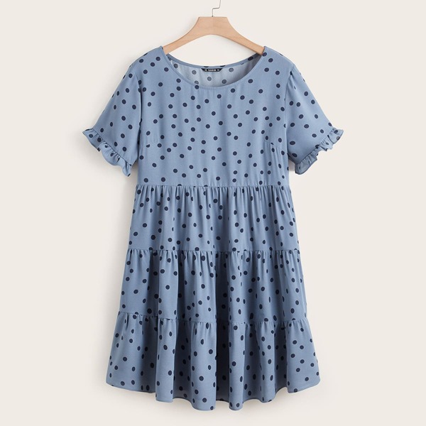 

Plus Ruffle Cuff Polka Dot Smock Dress, Dusty blue