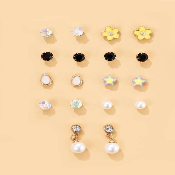 

9pairs Faux Pearl Star Earrings Set, Multicolor