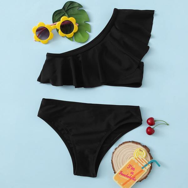 

Girls Flounce One Shoulder Bikini Swimsuit, Black