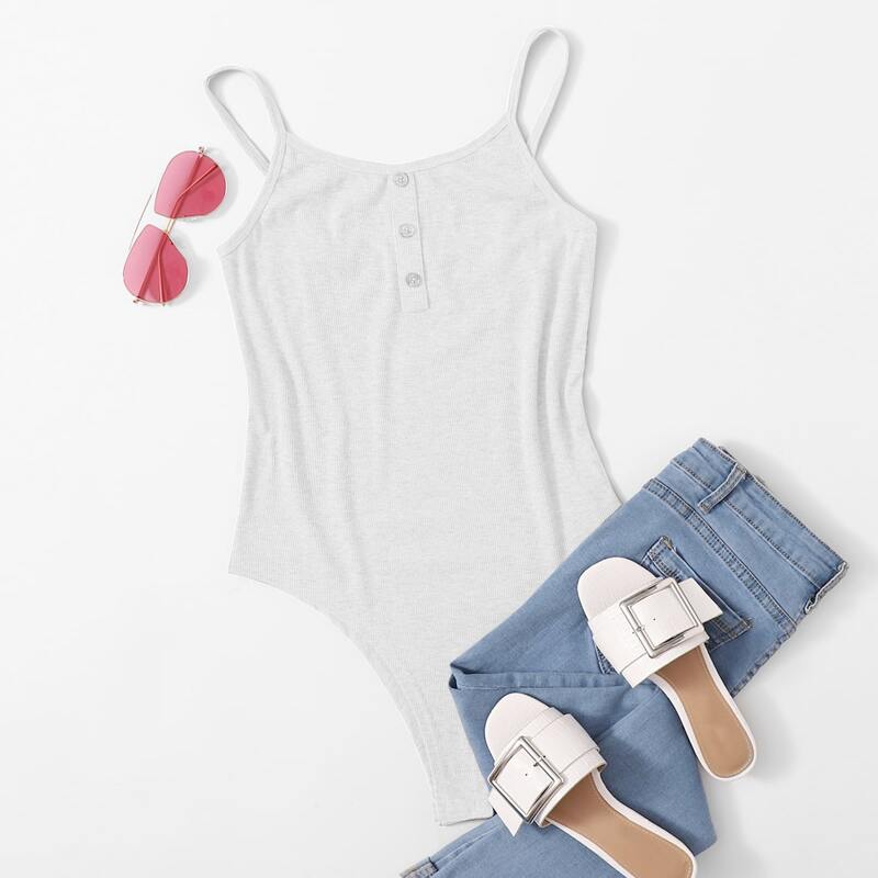 

Solid Button Cami Bodysuit, White