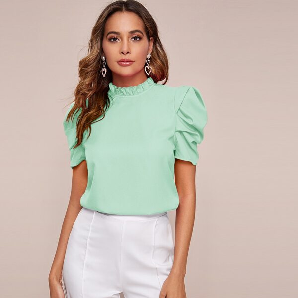 

Frilled Neck Puff Sleeve Top, Mint green