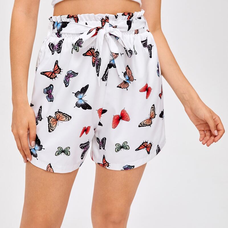 

Butterfly Print Paperbag Waist Shorts, White