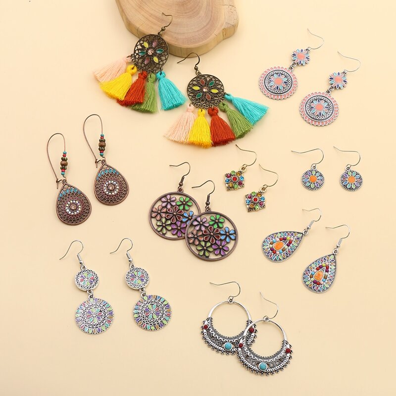 

9pairs Tassel Charm Drop Earrings, Multicolor